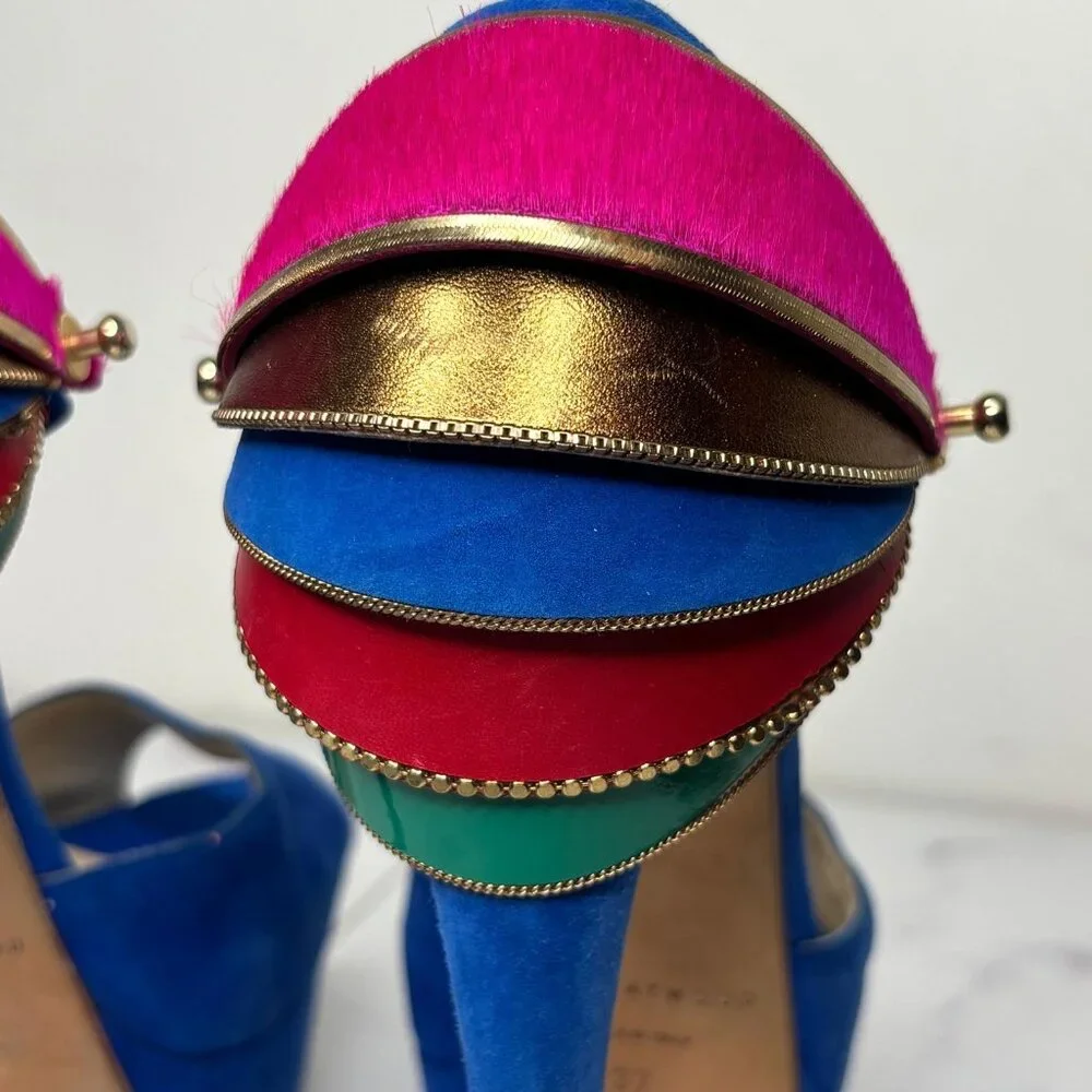 Brian Atwood TRIBECA Cuffed Blue Suede Platform Heels Multicolor Ankle Strap 37 - Picture 8 of 12